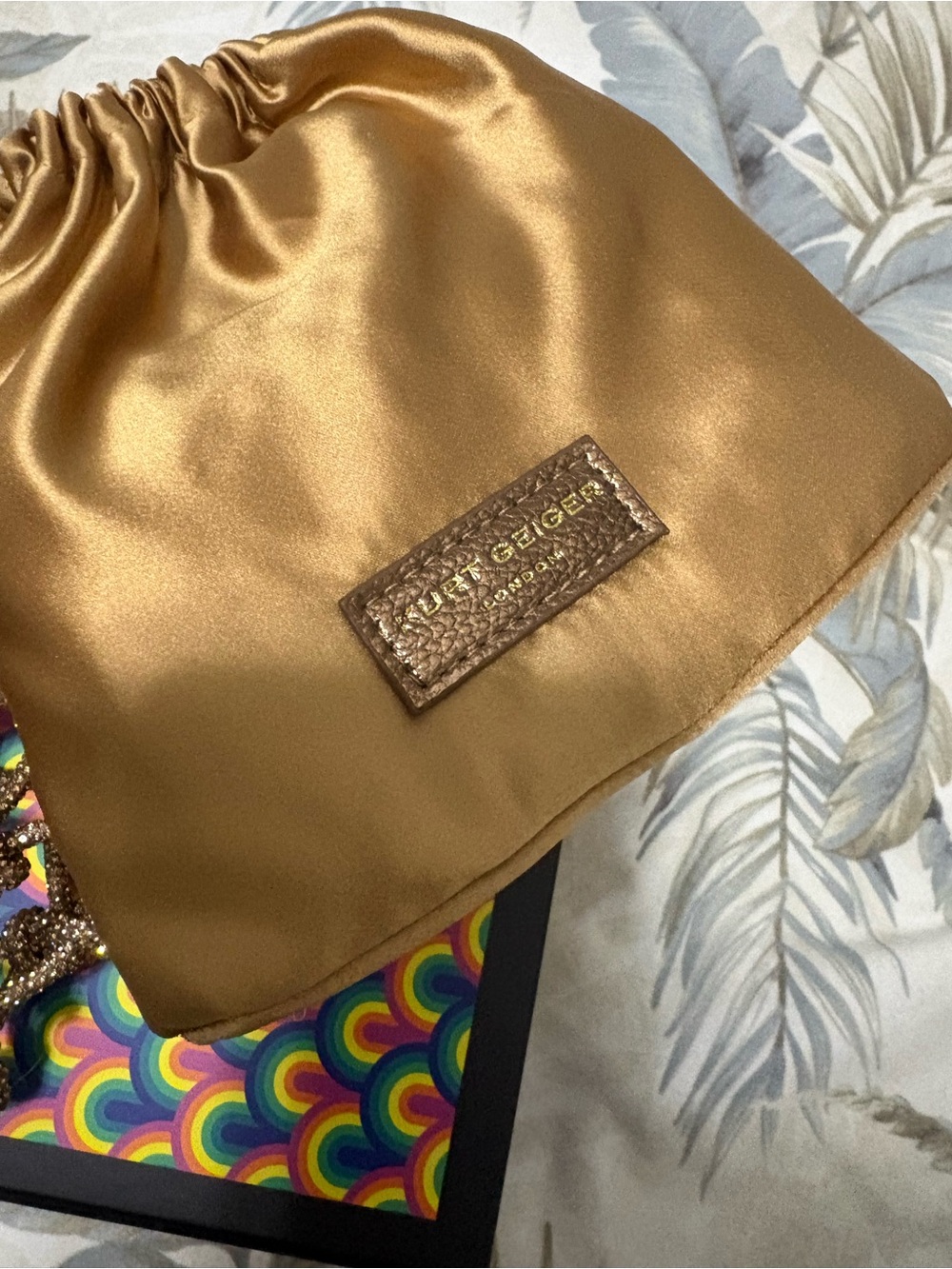 Kurt Geiger Gold Satin Drawstring Card & Key Pouch - Picture 8 of 12